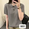 Camiseta de punto de manga corta con cuello polo calado de lino estilo Old Money para mujer, top elegante de verano de hombros rectos con cuello camisero