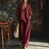 Conjunto de dos piezas de moda casual transfronteriza europea y americana para mujer, color liso, cuello en V, holgado, manga corta, pantalones largos casuales