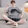 Pijama Masculino Cartoon Moderno Verão Algodão Puro Manga Curta Shorts Conjunto Casual Soltinho Juventude Tamanho Plus Roupas de Casa