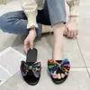 Chinelos de lantejoula com laço plus size para mulheres, sandálias casuais de calçar para casa, sandálias de praia rasteirinhas abertas na ponta, tamanho 43