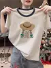Camiseta de Manga Corta para Mujer con Bloques de Color, Algodón Puro, Moderna y Versátil, Rejuvenecedora y Adelgazante, Top Gris Floral Ligero para la Moda de Verano