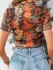 Estilo Nuevo de Verano Transfronterizo Manga Corta Floral Ajustado Sexy Blusa de Gasa Tops Camisetas para Mujer Europeas y Americanas Ropa para Mujer de Comercio Exterior