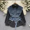 2023 Manga Longa Falso Duas Peças Top Feminino Amarração na Cintura Solto Mais Fácil de Combinar Jeans Patchwork Camisa Listrada Estilo Literário