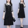 Vestido francés de temperamento y estilo para mujer, otoño 2024, nuevo, de rayas gruesas mm, empalme, corte entallado, borde de hongo, falda de talla grande.
