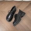 Weiwei Girl 193-11 Zapatos pequeños de cuero con suela gruesa para mujer, mocasines negros con cordones y cabeza redonda, zapatos individuales de tacón grueso y suela suave para mujer