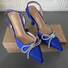 Nuevos Zapatos de Mujer Primavera y Verano 2025 Azules con Pedrería Lazo Sandalias de Tacón Alto Slingback Mules Punta Fina con Correa Trasera para Mujer