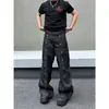Calça cargo de sarja pesada estilo americano com múltiplos bolsos, cor original do jeans, novo estilo reto de corte solto, unissex, com uma estética vibe