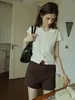 Top de punto de manga corta con solapa y mangas abullonadas de seda helada para mujer, nuevo en verano, hombro normal, cuello de muñeca, cárdigan fino para petite