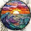 Letrero redondo de hojalata con efecto vidriera vintage con sol, luna, flores, pájaros y paisaje, pintura decorativa patriótica en placa de aluminio y hojalata para comercio transfronterizo