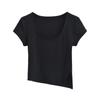 Camiseta de Verano Europea y Americana Cuello Cuadrado Manga Corta Color Sólido Elástica Ajustada Base Ajustada Slim-fit Adelgazante Corta Abertura Lateral Irregular