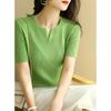 Playera de Punto de Seda Helada de Manga Corta para Mujer, Verano 2025 Color Sólido Cuello en V Ajuste Entallado Elegante Delgada Versátil Top Moda Trendy