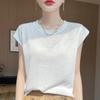 Nuevo Suéter Mezclado de Lyocell Color Sólido Base Ligero Cuello Redondo Tejido Manga Corta de Vuelo Pequeña Camiseta para Mujer Verano 2025
