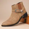 Botas de Cowboy Ocidentais Retrô Transfronteiriças Masculinas Bico Fino Chelsea com Decoração de Corrente Metálica Botas de Cano Curto para Calçar Sapatos Britânicos Modernos
