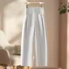 Calça casual plissada off-white estilo artístico cintura alta perna curva 2026 Outono não marca o quadril solta balloon longa