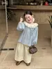 Novedad Otoño 2026 Estilo Coreano Ropa Infantil Niñas Jacquard Punto Encaje Cuello Camisa de Muñeca Dobladillo de Encaje Pantalones de Pierna Ancha