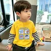 Camiseta de Manga Larga Rayada Patchwork de Dibujos Animados para Niños, Algodón Puro para Primavera y Otoño, Estilo Coreano, Holgada, Moderna, Camiseta Básica Informal para Niños