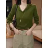 Blusa de tricô com decote V e manga longa em estilo coreano para mulheres, nova peça de outono, corte justo, versátil, modeladora, top elegante
