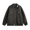 Chaqueta Holgada Estilo Americano High Arcade Estilo Coche para Hombre con Sentido del Diseño Bolsillo de Herramientas Puntadas Chaqueta de Doble Solapa de Cuero PU