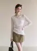 Elegante top de punto con patchwork de malla blanca para mujer, nuevo modelo primavera/otoño, top irregular semitransparente ajustado sin hombros 9983