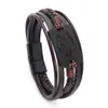 Pulseira Masculina Europeia e Americana Personalizada em Couro Trançado Etiqueta de Metal com Cabeça de Lobo Retrô Pulseira Multicamadas Joias Transfronteiriças Atacado