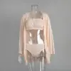 Conjunto de Tres Piezas de Bata, Ropa Interior y Shorts para Comercio Exterior Transfronterizo, Estilo Europeo y Americano, Nuevo Tejido de Punto para Pijama Primavera 2025, Ropa de Casa para Mujer