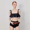 Traje de baño de tres piezas con volantes de cintura alta, estilo nuevo 2026, para bustos pequeños, simple y lindo, disimula el abdomen, adelgazante, adecuado para vacaciones y aguas termales