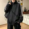 Sudadera cárdigan a rayas retro estilo americano para hombre, chaqueta deportiva de retazos en bloques de color de moda para otoño con cuello alto