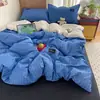 Conjunto de Roupa de Cama de Algodão Minimalista Nórdico Listrado Azul Escuro Quatro Peças: Capa de Edredom 1,8m, Lençol, Lençol com Elástico