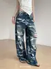 Pantalones Largos Camuflaje Irregulares Unisex Holgados de Pierna Ancha Lavados Vintage Retro Americanos Transfronterizos Jeans Rasgados