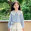 Conjunto de Dos Piezas Dulce para Niñas Primavera/Otoño, Top con Cuello de Muñeca Estilo Suave para Niños Grandes, Manga Larga, Falda de Encaje Dulce tipo Pastel