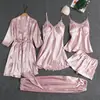 Comercio Exterior Pijamas de Primavera y Verano para Mujer Sexy Conjunto de Cinco Piezas Ropa de Casa Delgada con Almohadilla en el Pecho Camisón de Tirantes Camisón para Mujer