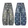 Jeans retro estilo americano Magic Bear Y2K de lunares, pierna recta, corte holgado, diseño de pierna curva, estilo street dance, efecto adelgazante, pantalones de pierna ancha