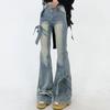 Jeans Feminino de Verão Fino Estilo Americano Retrô com Barra Micro Flare e Alça Preta de Borboleta, Nicho de Cintura Alta, Calça Mop Emagrecedora
