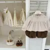 ¡LeenbabyTé de Leche Cacao! Conjunto Original de Blusa con Dobladillo Fruncido y Pantalones de Linterna para Niñas de Otoño