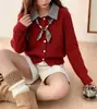 Outono e inverno design estilo coreano falso duas peças gola de camisa xadrez amarração cardigã de tricô suéter slim casaco