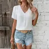 Tiktok Verano Nuevo Top Blanco Transfronterizo Europeo y Americano para Mujer Suéter Casual Cuello en V Encaje Empalmado Camisa de Manga Corta