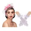 Tocados Europeos y Americanos para Novia Set de 2 Piezas para el Festival de Carreras de Caballos, Tocado de Malla con Plumas Vintage, Diadema y Set de Guantes