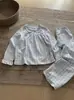 Nuevos pijamas de estilo coreano para niña, para primavera y otoño, de cuadros grises y blancos, con cuello de muñeca, manga larga holgada, pantalones largos, se pueden usar como ropa de casa