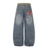 Jeans unisex de pierna curva con estampado de leopardo lavado retro americano, bordados de letras, corte holgado, pierna ancha, pantalones largos, 2026