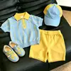 Traje Deportivo para Niños 26 Nuevo Estilo Verano Rayas Azules Cuello Polo de Punto Manga Corta Pantalones Cortos Casuales Amarillos para Niños
