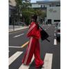 Traje Deportivo Casual para Mujer Otoño 2025 Nuevo Suelto Estilo Coreano Estilo Perezoso Sudadera Roja Pantalones de Pierna Ancha Conjunto de Dos Piezas