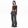 Pantalones Rectos Parcialmente Café Negro para Mujer Otoño e Invierno 2024 Nuevos Pantalones de Cuero Cintura Alta Ajustados Pantalones Plus Pantalones de Caída