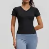 Top Esportivo Fitness Corrida Yoga Cruzado Novo Cor de Pêssego Básico Gola V Manga Curta Respirável Slim