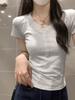 Color Sólido Cuello en V Simple Botón Combinable Ajustado Manga Corta Camiseta de Verano para Mujer Nuevo Estilo Hong Kong Chica Picante Top Base Corto