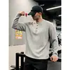 Suéter de malha texturizada estilo Old Money, camiseta masculina com gola Henley, blusa de manga longa solta para primavera e outono, top com botões