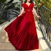 D3159P Cinto Europeu e Americano Plus Size Mulheres Com Decote Em V Cor Sólida Plissado Babados Vestido Vestido Vestido para Comércio Exterior