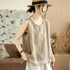 Estilo verão, tamanho grande, mistura de algodão e linho, bainha bordada, colete sem mangas, modelagem solta, respirável, adequado para o trabalho ou uso casual, camiseta feminina