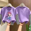Camiseta de manga larga a rayas de algodón puro para niñas, estilo primavera y otoño, imitación de dos piezas, top de dibujos animados estiloso para niños mayores