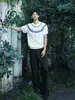 Camiseta de Verano de Manga Corta para Hombre Estilo Americano Vintage de Punto Fair Isle de Corte Limpio Top de Hombro de Gama Alta