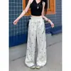 Calça Casual Feminina Estilo Americano com Laço Doce e Pontos de Renda, Nova Coleção Verão e Outono 2024, Cintura Alta, Modelagem Solta Emagrecimento, Perna Larga